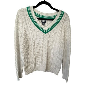 Lands’ End Drifter Size Medium Cotton Cable Knit V-Neck Sweater White Green